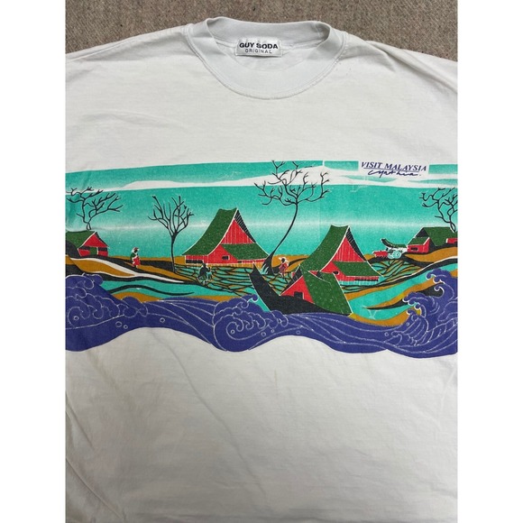 vintage malaysia art shirt mens large white 1990s art water house stream - Picture 2 of 9